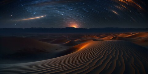 Desert Night Sky with Star Trails and a Meteor