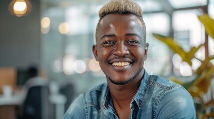 Joyful African man with a modern bleached hairstyle and a denim jacket, giving off a trendy and happy vibe in a creative setting - obrazy, fototapety, plakaty