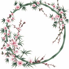 Oriental style wreath with cherry blossoms and bamboo, on white background