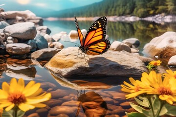 Fototapeta na wymiar Monarch Butterfly on a Rock by the Water with Flowers