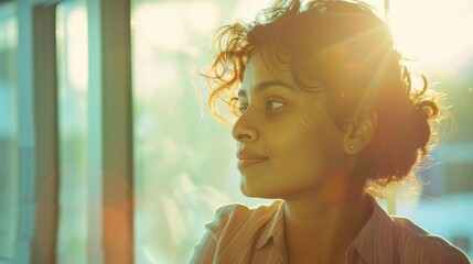 A contemplative young woman gazes out of a window, bathed in warm golden light - obrazy, fototapety, plakaty