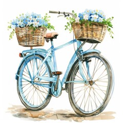 Fototapeta na wymiar Watercolor bicycles with flower baskets, summer ride on white background