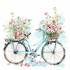 Watercolor bicycles with flower baskets, summer ride on white background