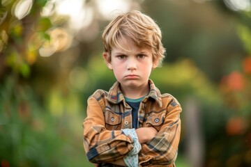 A young boy with tousled hair in the outdoors with an unhappy expression and arms crossed - obrazy, fototapety, plakaty