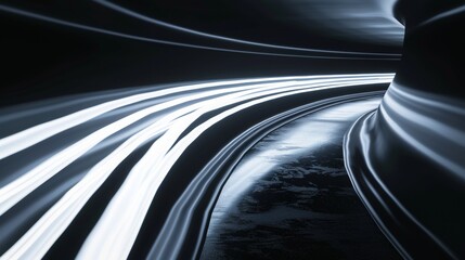 very sleek abstract curved white led lines side by side with perspective motion blur and long exposure on dark background