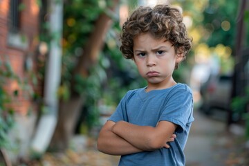 A child frowning with his arms crossed, exuding a serious or contemplative expression on a street - obrazy, fototapety, plakaty