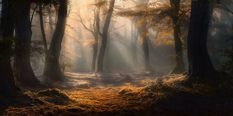 Fototapeta na wymiar Enchanted Forest Bathed in Golden Sunlight