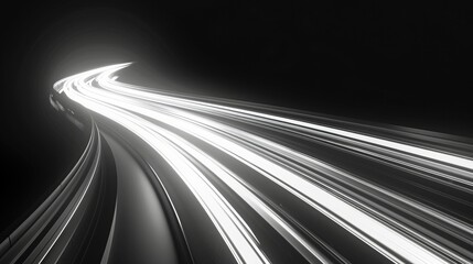very sleek abstract curved white led lines side by side with perspective motion blur and long exposure on dark background