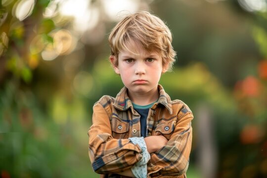 A young boy with tousled hair in the outdoors with an unhappy expression and arms crossed