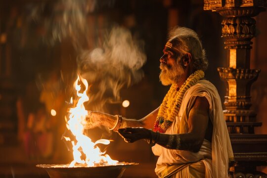 A Hindu priest conducts a sacred fire ceremony, known as a Yajna, in a temple with deep focus and spiritual atmosphere