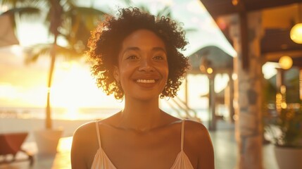 A joyful woman poses confidently with a radiant smile, with a sunset backdrop, exuding happiness - obrazy, fototapety, plakaty