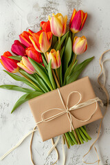 bouquet of tulips flowers on a wooden background