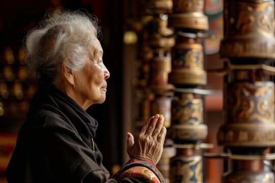 An elder person with closed eyes, praying beside vibrant Tibetan prayer wheels, expressing deep faith