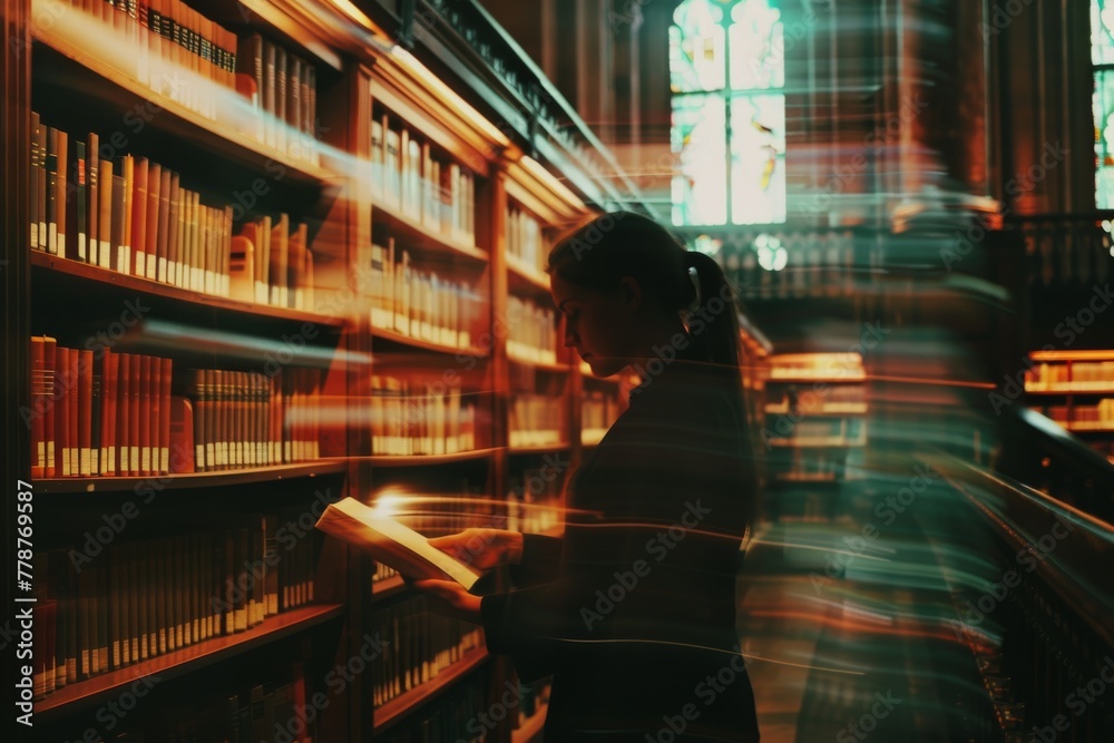 Poster a woman engrossed in reading a book in a library with motion blur creating a mystic atmosphere
