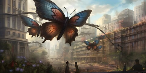 Giant Butterflies Over a Dystopian Cityscape