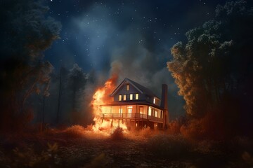 Starry Night Sky Over a Burning House in the Woods