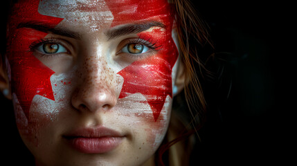 Portrait of a young woman with face painted in the colors of the Canadian flag. Concept of patriotism and nationalism.