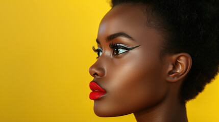 Portrait of a beautiful young dark-skinned woman with bold make-up and red lips. Side view. Yellow background.