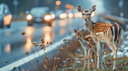 Pair of deer standing on the side of a road with vehicles driving on it. 