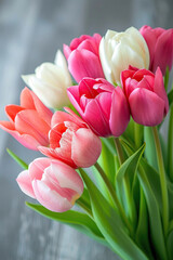 bouquet of tulips flowers on a wooden background