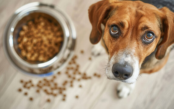 A guilt-ridden beagle stands by a bowl of spilled dog food, making an apologetic face