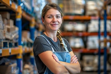 Confident female worker with crossed arms smiling in a warehouse, representing strong work ethic