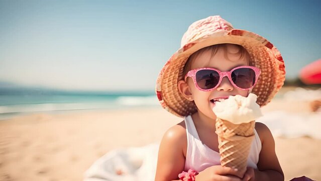 Cool little girl with icecream on summer holiday. A little child in sunglasses enjoy eating ice cream in a waffle and playful at the beach on summer day	