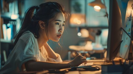 A young Asian woman exhibits intense focus while working at a computer in dim light