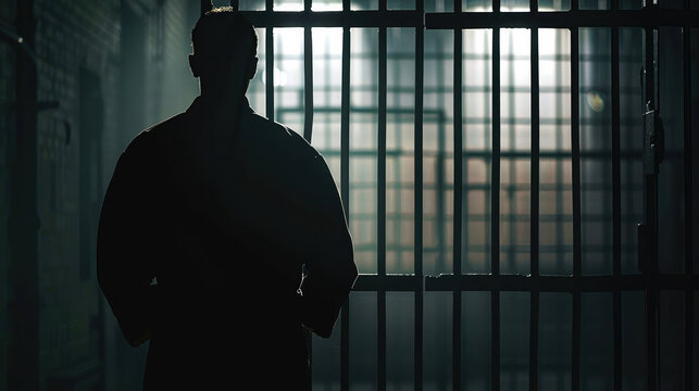 A moody silhouette of a man standing behind prison bars with a sunset backdrop, embodying concepts of freedom and confinement