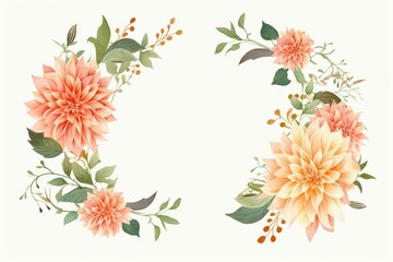 Fototapeta na wymiar Watercolor dahlia clipart in bold and vibrant colors. flowers frame, botanical border, Flowers on a white background. Watercolor clipart, Botanical illustration for design wedding card, invitation.