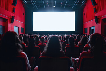 A captivated audience sits facing a large, blank cinema screen, anticipating the start of a film in a modern movie theatre