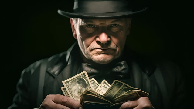 Portrait man thief wearing a black hood shirt, standing hand holding gun and money cash, counting the amount obtained from hijacking or robbing