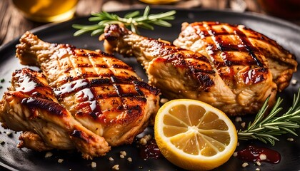 Halves of appetizing grilled juicy chicken with golden brown crust served with lemon slices,barbeque sauce and rosemary.
 - obrazy, fototapety, plakaty