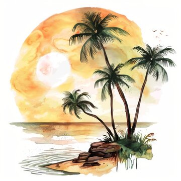 Watercolor clipart of a sun-kissed beach with palm trees, on a white background