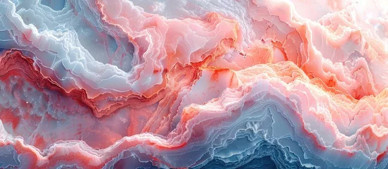 Fotobehang A detailed closeup showcasing the mesmerizing blend of pink and electric blue in a marble texture, resembling a jawdropping landscape art piece © AkuAku