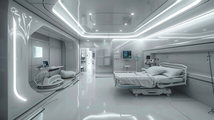 Habitación  en hospital de salud con un equipo muy moderno y limpio. Habitación futurista de clínica de salud moderna.