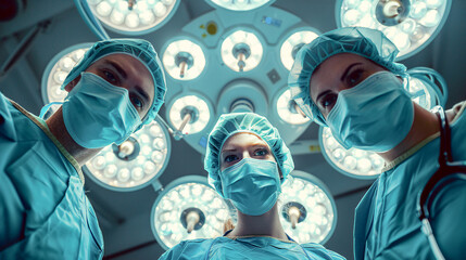 Fotografia de tres doctores cirujanos en el quirófano mirando al paciente tumbado en la camilla. Doctores en clínica en operación profesional.