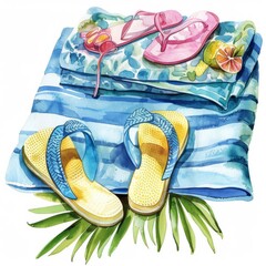Watercolor flip-flops and beach towels, summer accessories on white background