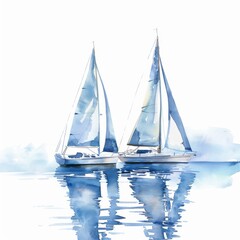 Watercolor sailboats on calm seas, summer sailing on white background