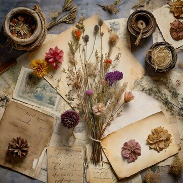 an assortment of dried flowers arranged against a backdrop of aged paper and ephemera. Incorporate elements like old photographs, vintage stamps, and handwritten notes to create a whimsical and romant