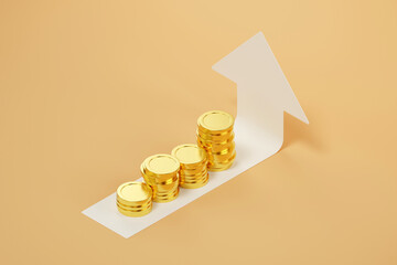 3D rendering an arrow and stack of gold coin, intricately integrated into the scene, signifies financial abundance and successful investments. - 778772153