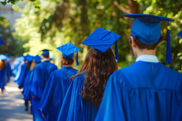 Procession of graduates in blue caps and gowns during a sunny commencement ceremony.