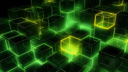 Fototapeta premium Futuristic Neon Green Glowing Cubes in a Digital 3D Abstract Bac