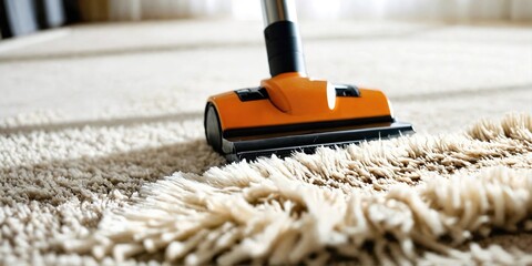 The vacuum cleaner brush cleans the carpet. Generative AI - obrazy, fototapety, plakaty