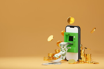 3D rendering ATM with dollar bill on smartphone screen and gold coins, intricately integrated into the scene, signifies financial abundance and successful investments. - 778772542