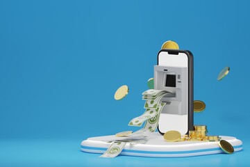 3D rendering ATM with dollar bill on smartphone screen and gold coins, intricately integrated into the scene, signifies financial abundance and successful investments. - 778772543