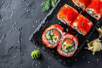 Sushi rolls - Red dragon with Tobiko caviar and salmon. Traditional Japanese cuisine. View from above. place for text. generative ai