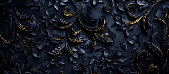 A detailed black and gold floral pattern decorates a wall, resembling a sculpture of intricate metal art with a dark, elegant design, forming a circle of beauty - obrazy, fototapety, plakaty