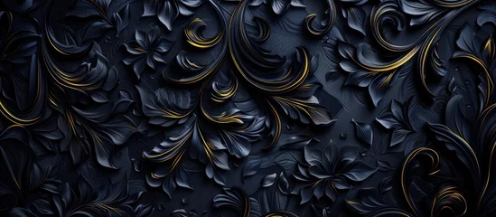 Foto op Plexiglas A detailed black and gold floral pattern decorates a wall, resembling a sculpture of intricate metal art with a dark, elegant design, forming a circle of beauty © AkuAku