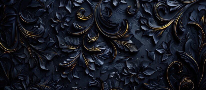 A detailed black and gold floral pattern decorates a wall, resembling a sculpture of intricate metal art with a dark, elegant design, forming a circle of beauty